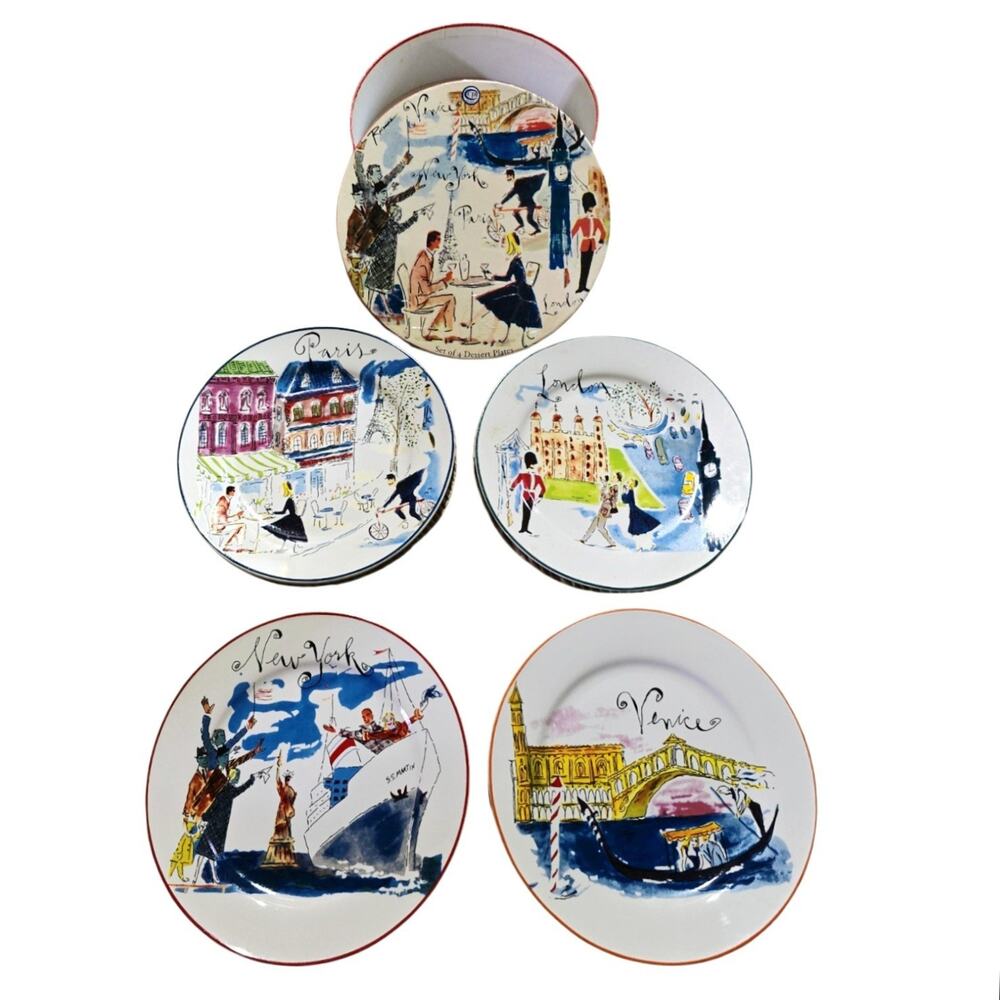 Rosanna Bon Voyage 8" Salad Dessert Plates New York London Venice Paris 4 Pcs